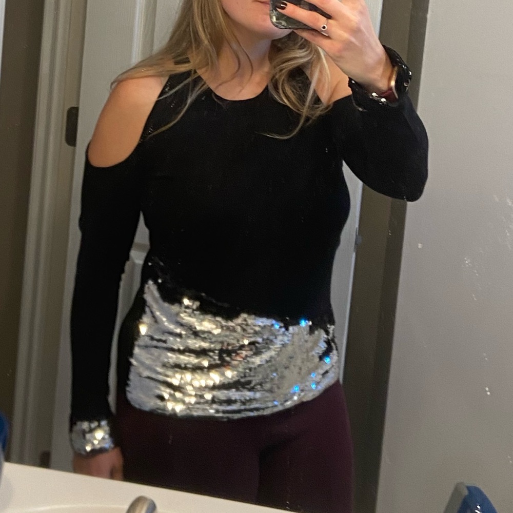 Cold Shoulder Top, black with silver sequin top. Perfect for holidays!